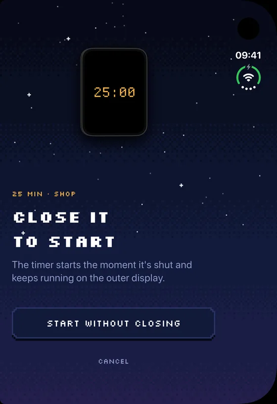 Armed screen: Close it to start, with a 25:00 preview of the outer display and a Start without closing button.