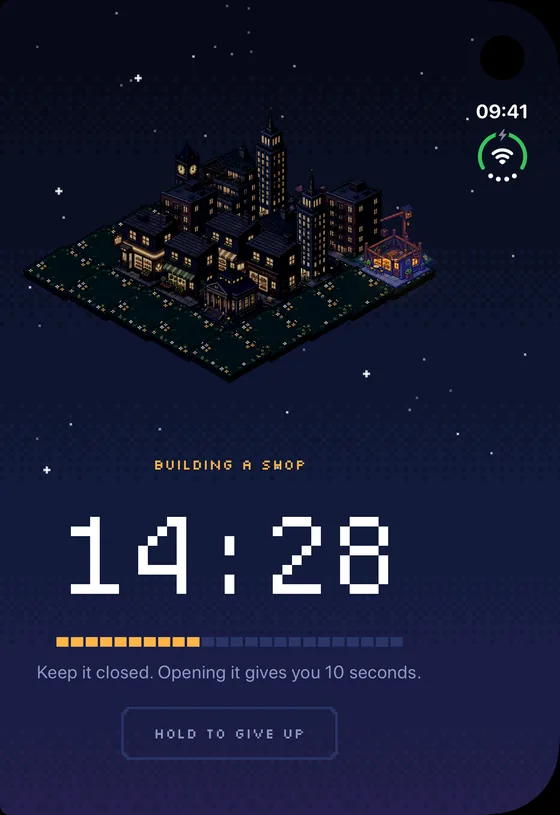 A session running: the city at night while a shop is built, 14:28 left on the countdown.