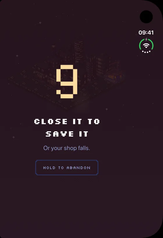 Grace screen on a dark red background: a big 9 counting down above Close it to save it. Or your shop falls.