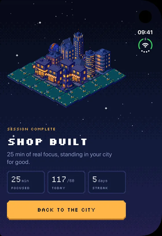 Session complete: Shop built, 25 minutes focused, 117 of 60 minutes today, a 5-day streak and a Back to the city button.