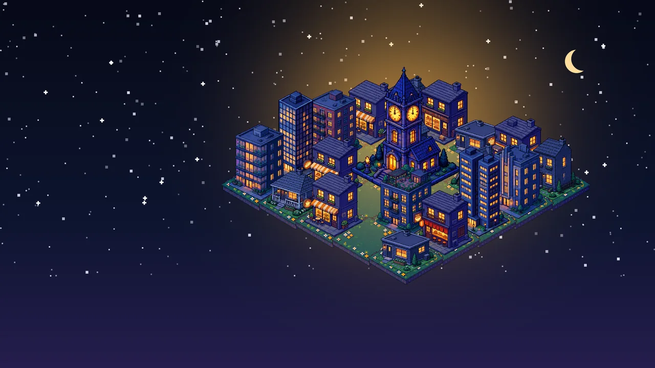 First Landmark Challenge event art: a lit pixel city around a clock-tower landmark under a crescent moon.