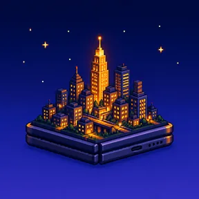 The FoldFocus app icon: a glowing pixel city standing on a closed iPhone Duo.